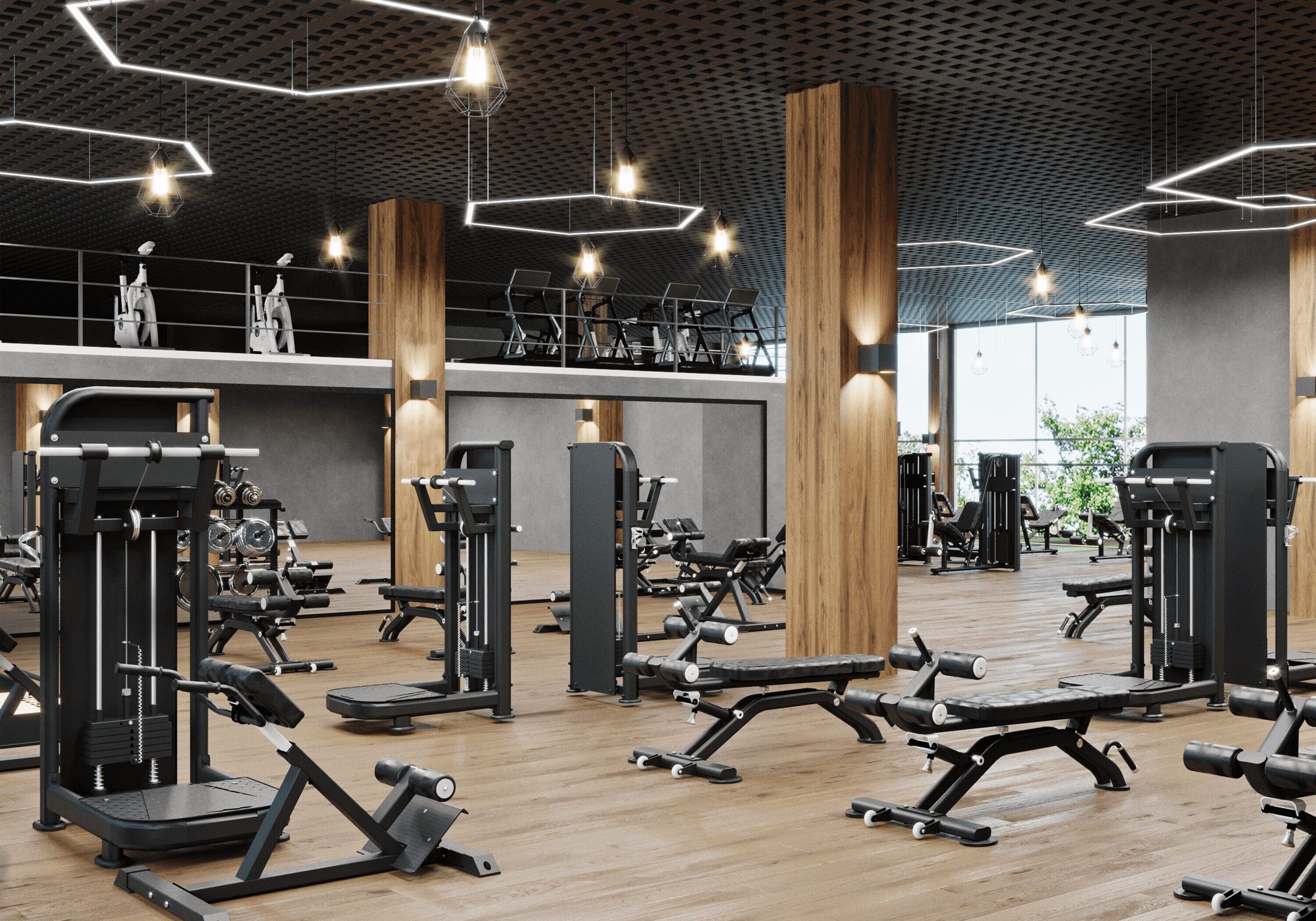 A well-equipped gym room with a range of exercise equipment for a complete workout.